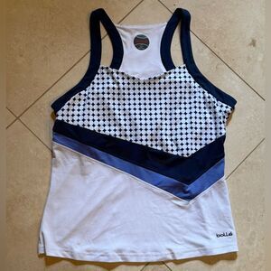 bolle White and Navy Geometric Racerback Tank Top